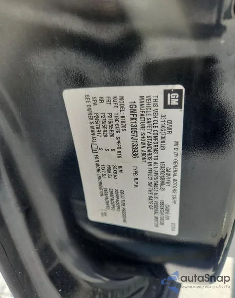 2007 Chevrolet Tahoe K1500 из США, поврежденный, VIN 1GNFK13057J133936